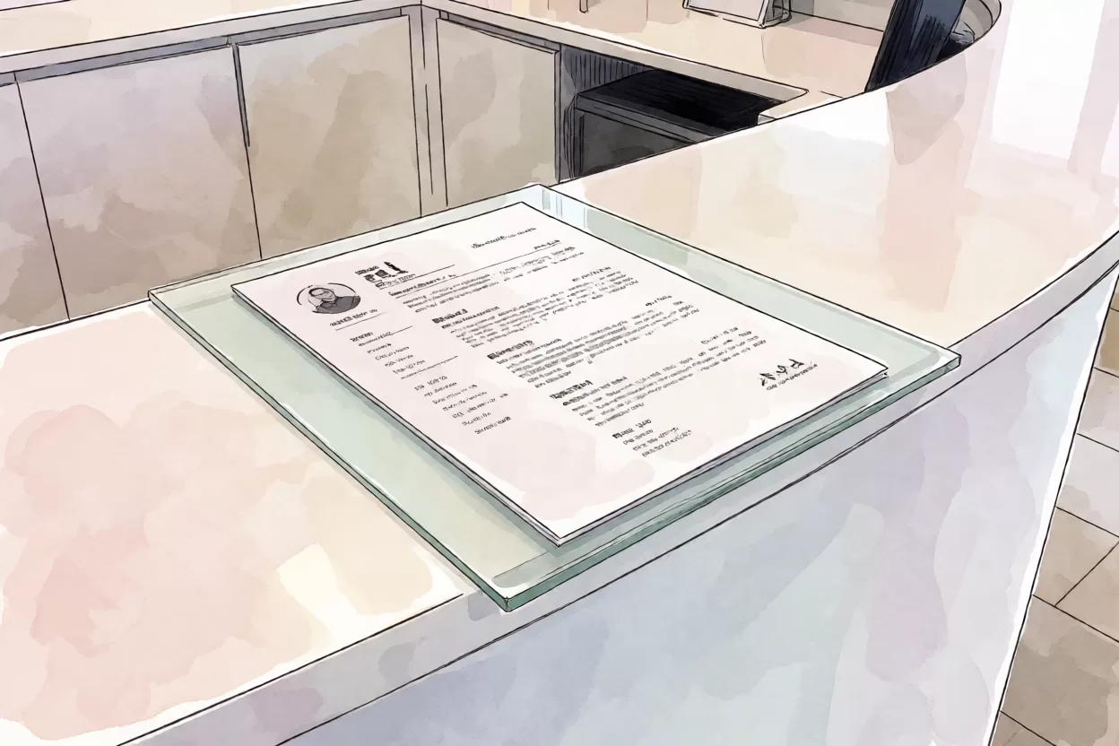 求职者在打印店检查纸质简历的打印效果