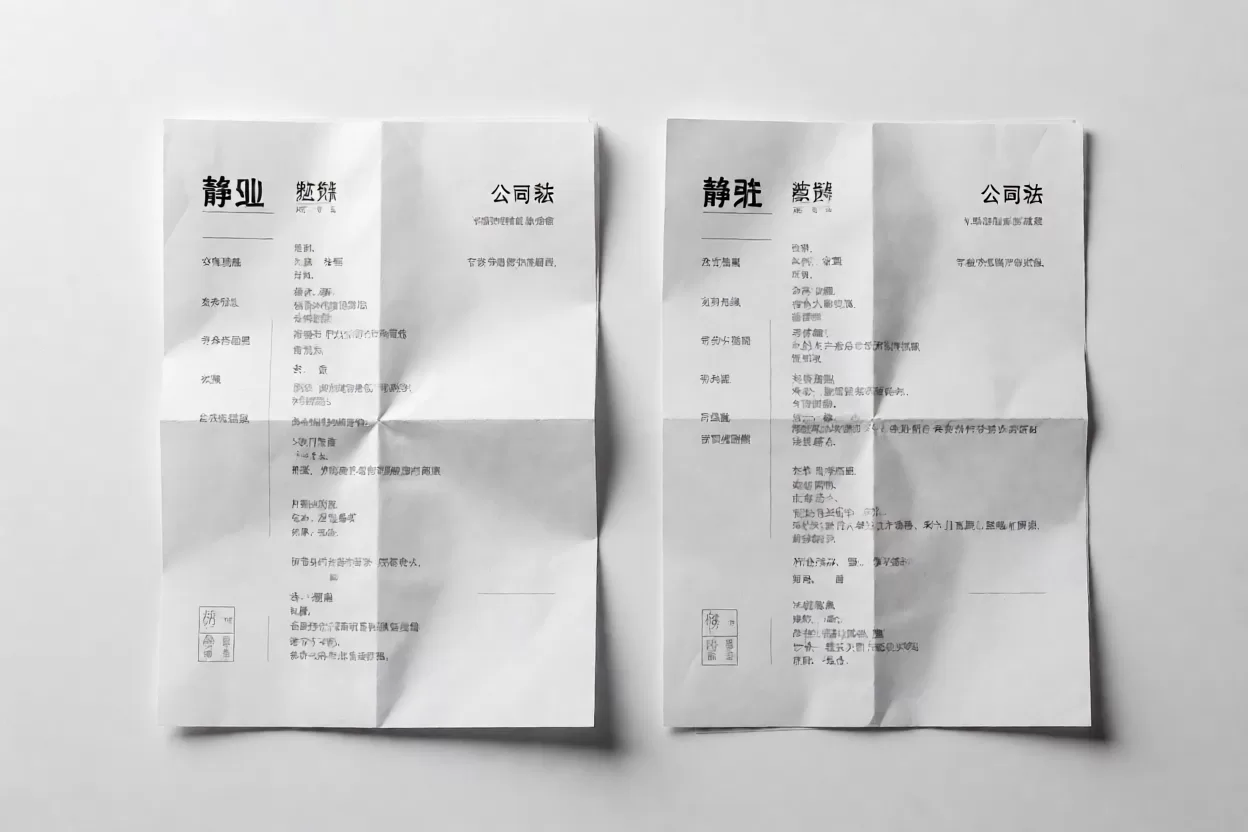 两份简历公司名称写法差异的对比示意