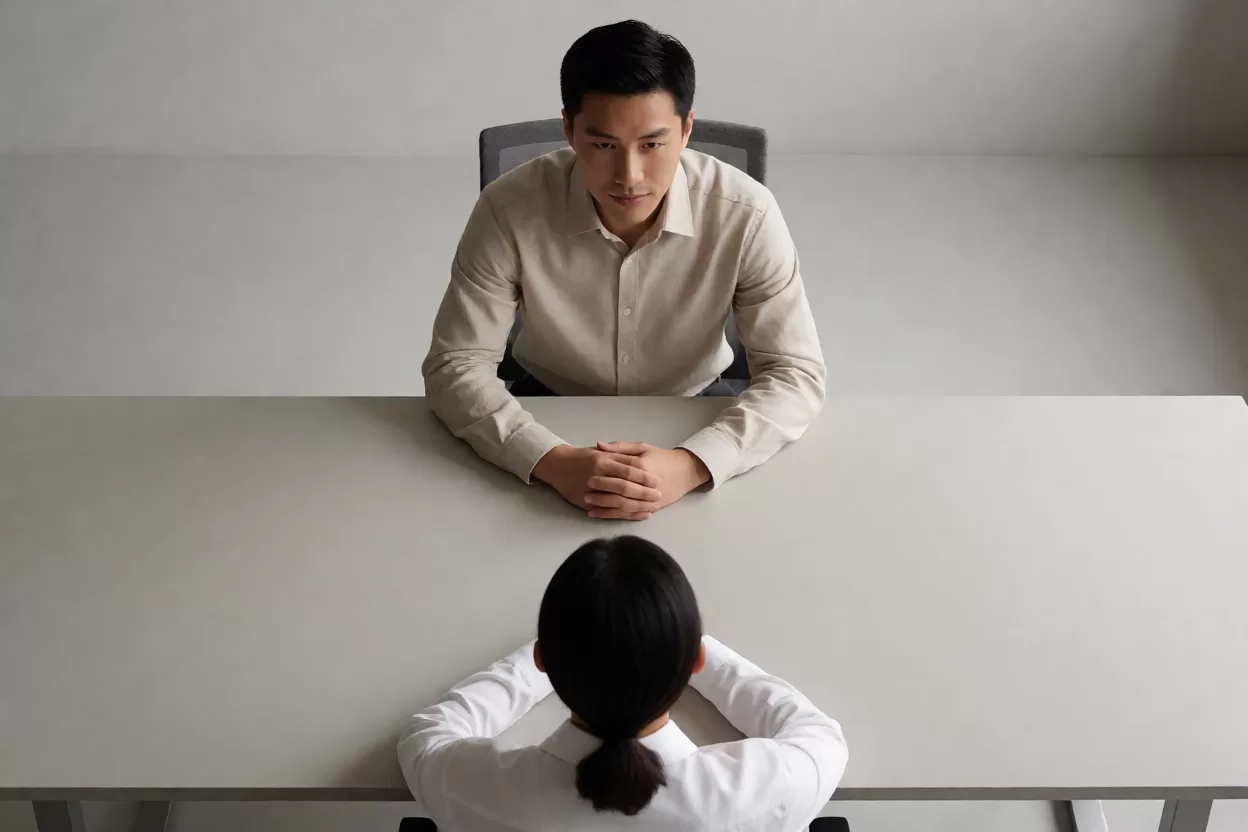 面试官低头翻看纸质简历,求职者安静等待
