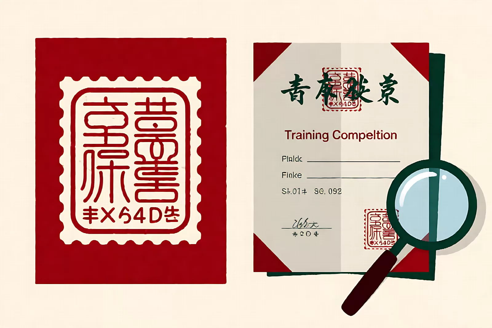 简历培训与证书区分：印章、结业纸张与放大镜，表示核验证书真伪