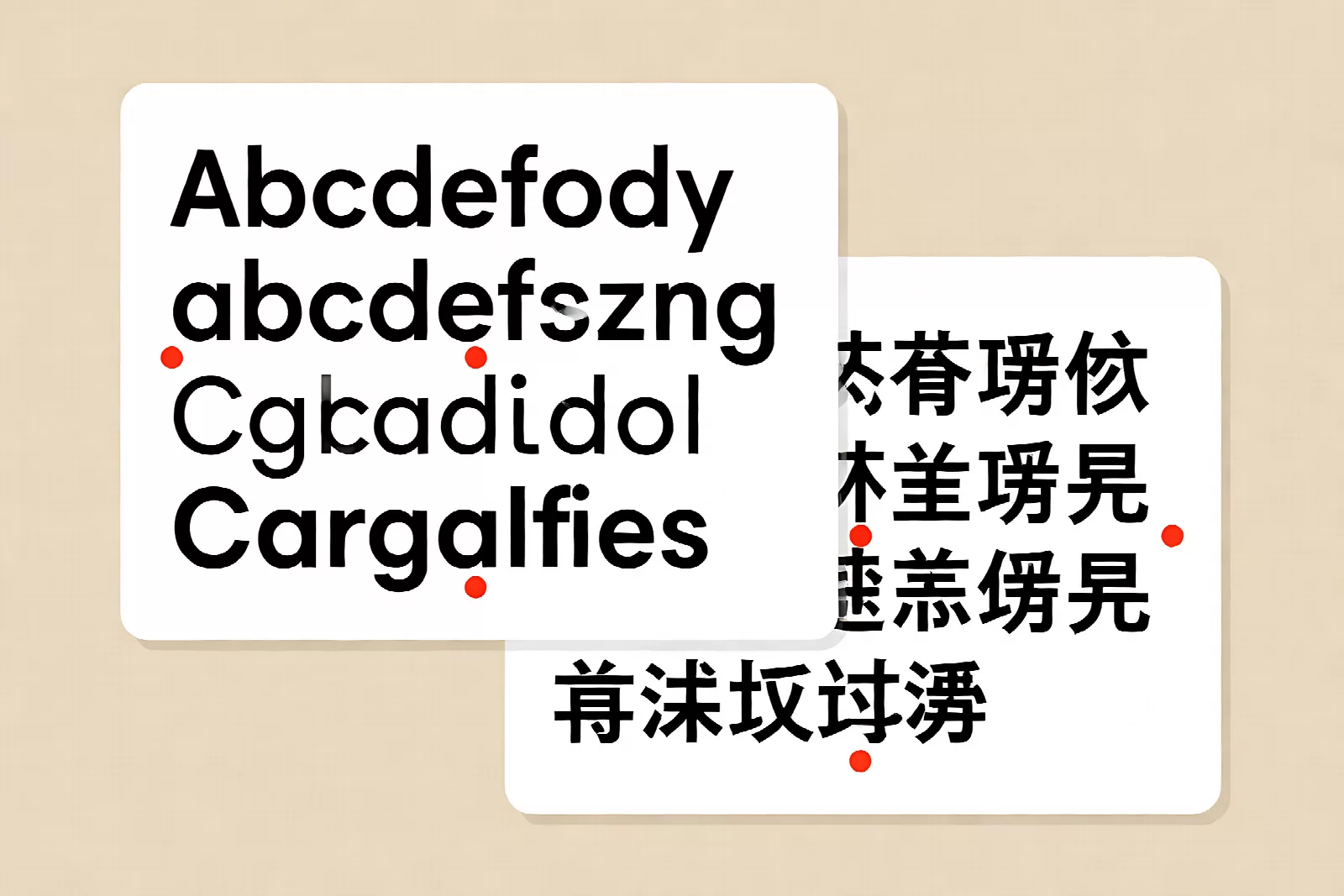 简历字体搭配：中英文两套字体样张叠放并用红点标记基线对齐