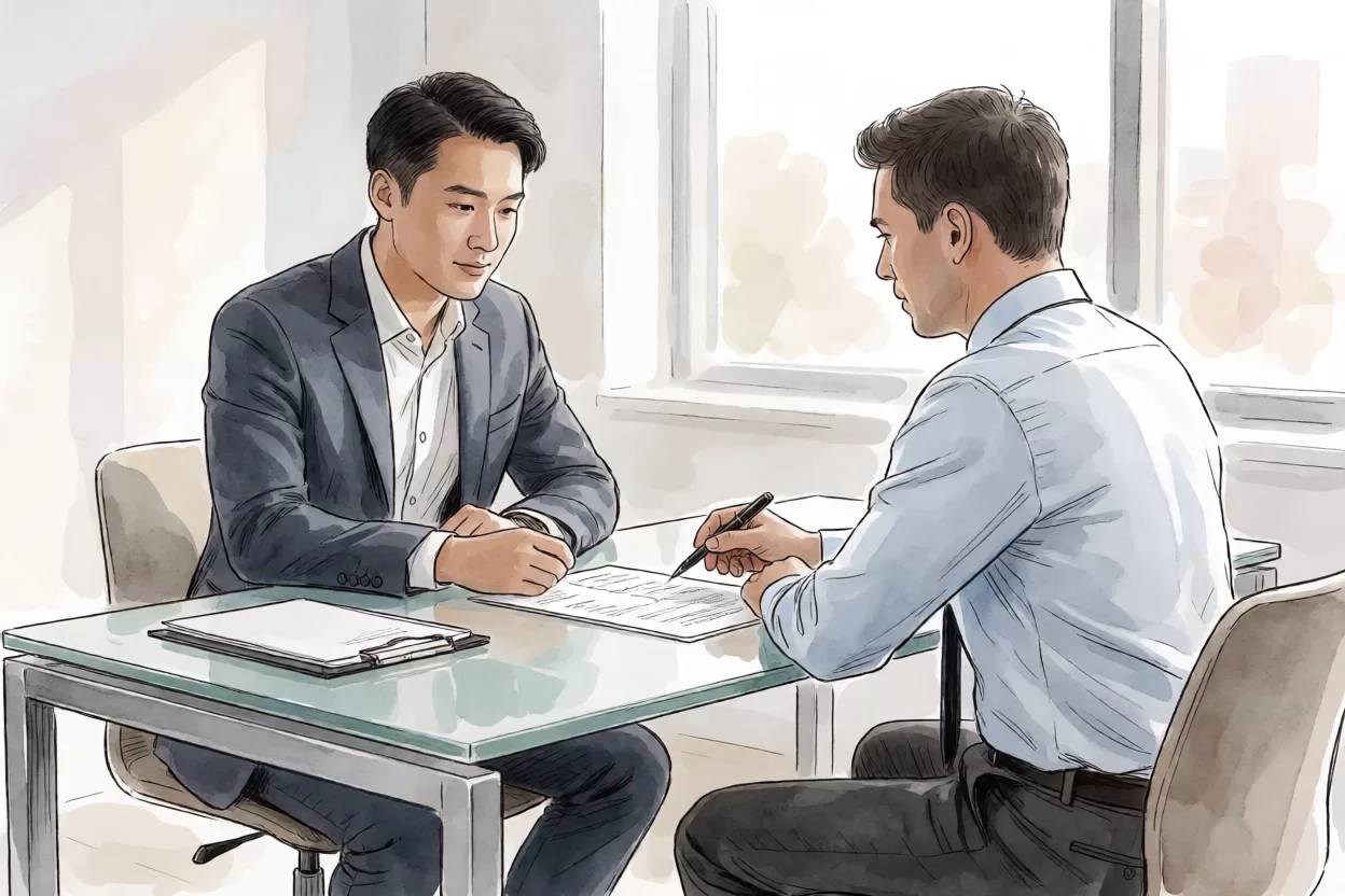 面试官追问简历时间线重叠：对面坐着面试官翻看简历并指着时间线提问
